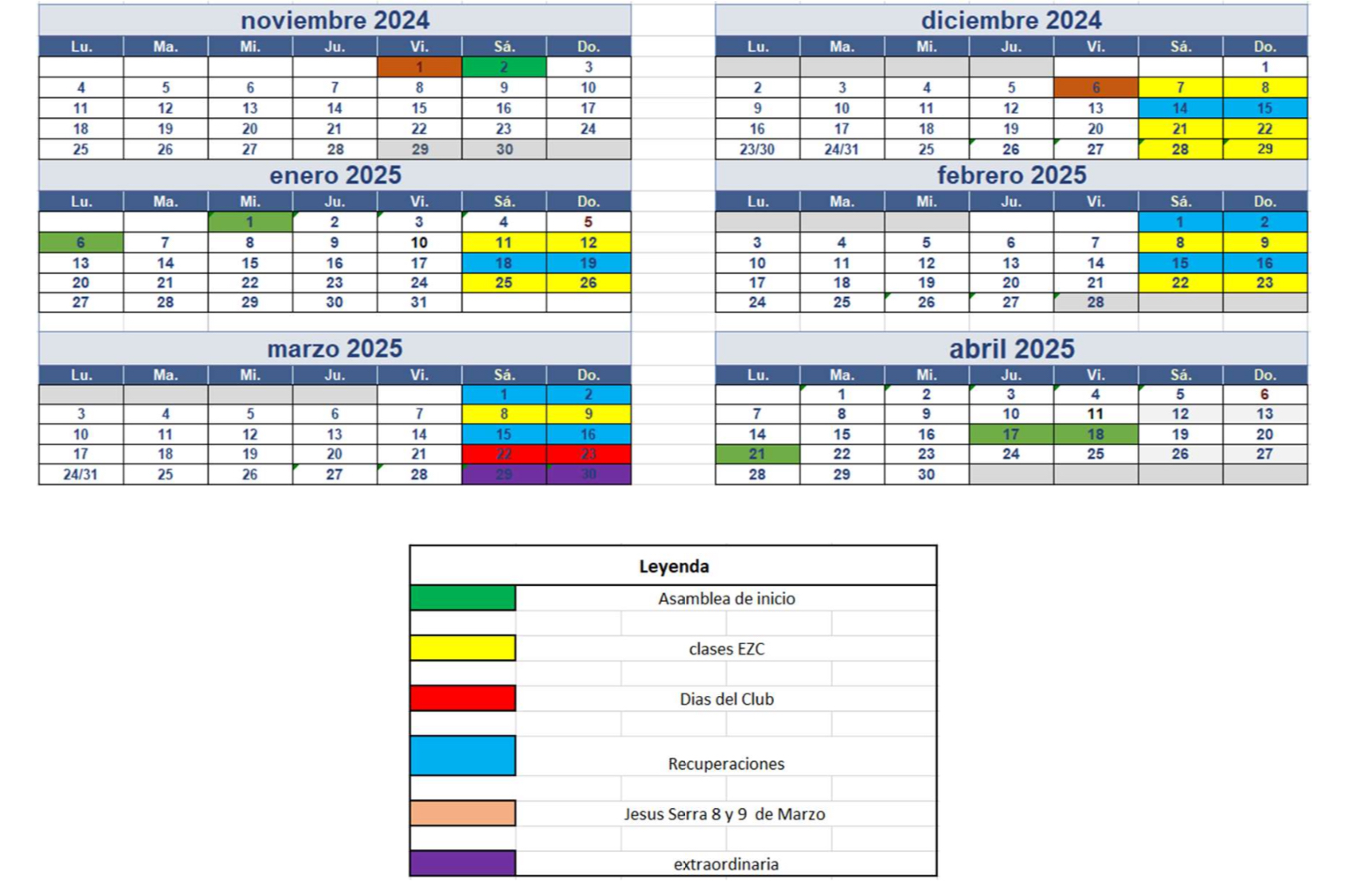 Calendario cursos esquí EZC 2018/19